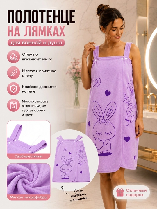 Женское банное полотенце на бретелях из мягкой микрофибры для душа, 80x135 см