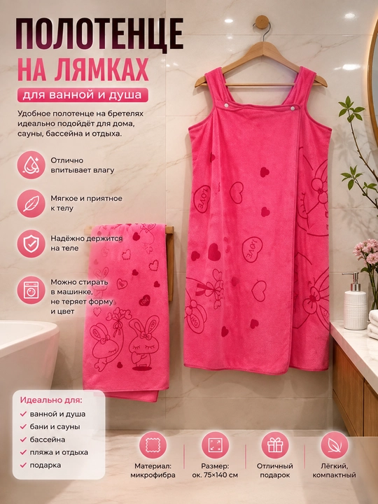Женское банное полотенце на бретелях из мягкой микрофибры для душа, 80x135 см