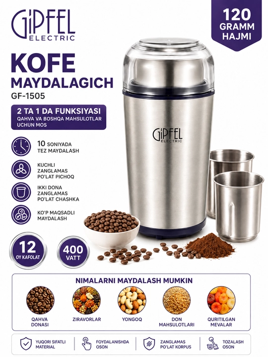 Gipfel Electric GF 1505 400 Vt quvvatli 120 g qahva maydalagich