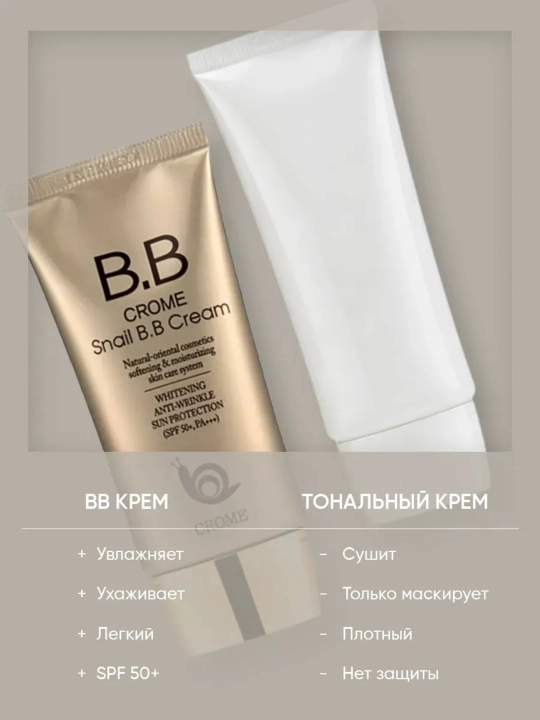 CROME SNAIL BB SPF50b tusli kremi, chig‘anoq mutsinli, oqartiruvchi