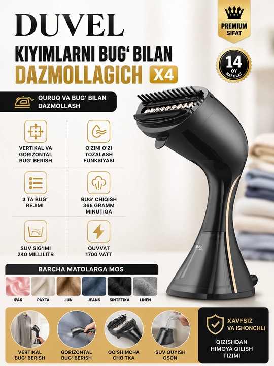 DUVEL X4 Kiyimlar uchun Bug‘li Dazmol 1700 Vt 240 ml