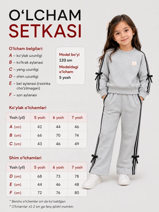Qizlar uchun ikki qismli sport kostyumi, kofta va keng bichimli shimlar, 5–7 yosh