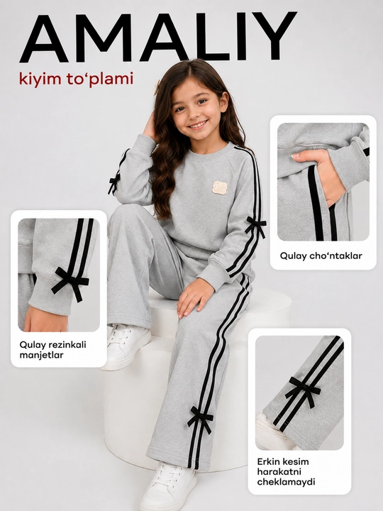 Qizlar uchun ikki qismli sport kostyumi, kofta va keng bichimli shimlar, 5–7 yosh - 