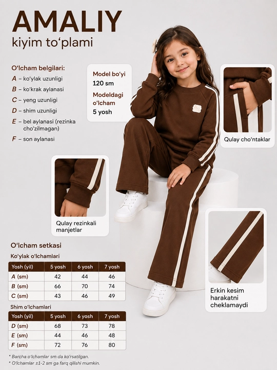 Qizlar uchun ikki qismli sport kostyumi, kofta va keng bichimli shimlar, 5–7 yosh