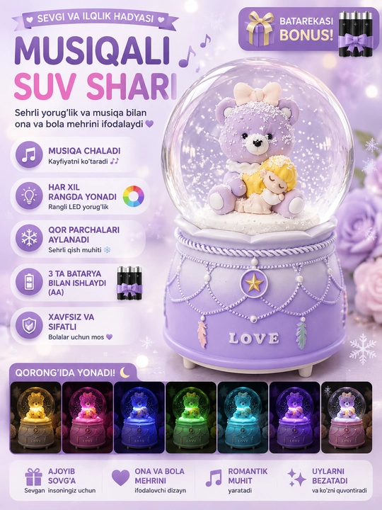 Музыкальный снежный шар stitch, ночник с подсветкой, декоративный светильник