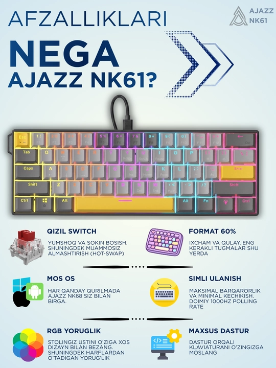 Geymerlar uchun RGB yoritilgan AJAZZ o‘yin klaviaturasi mexanik / membranali
