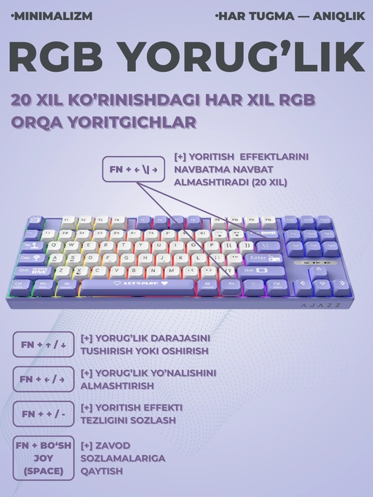 Geymerlar uchun RGB yoritilgan AJAZZ o‘yin klaviaturasi mexanik / membranali