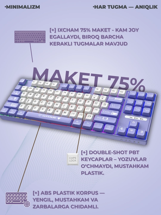 Geymerlar uchun RGB yoritilgan AJAZZ o‘yin klaviaturasi mexanik / membranali