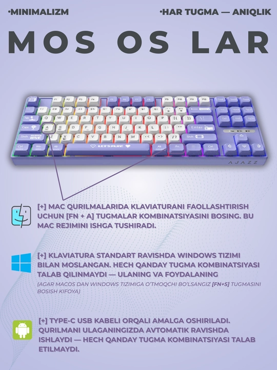 Geymerlar uchun RGB yoritilgan AJAZZ o‘yin klaviaturasi mexanik / membranali