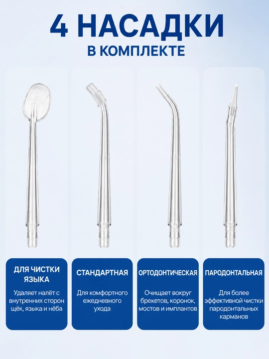 Ko'chma og'iz irrigatori, 260 ml, 3 rejim, 4 ta qo'shimcha, IPX7
