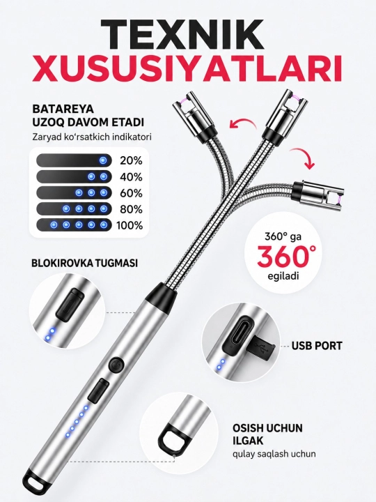 USB quvvatlanuvchi elektron oshxona yondirgichi 360° — ko‘p funksiyali