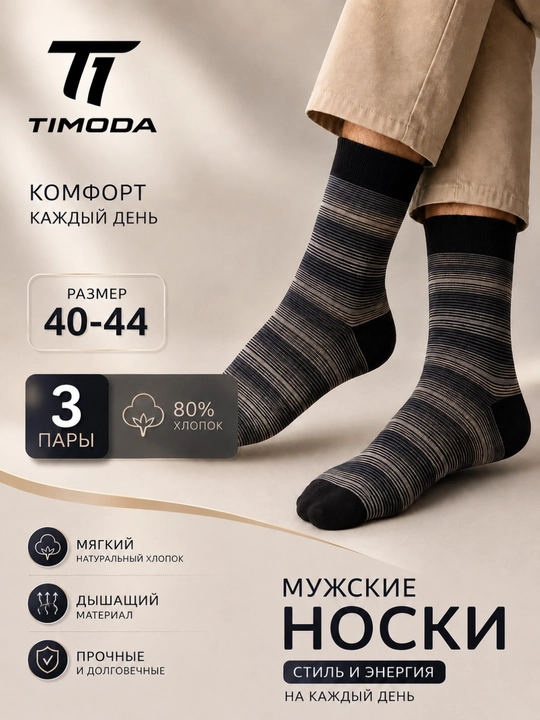 TIMODA 5003 — erkaklar klassik paypog‘i, 3 juft, 40-44 o‘lcham - 