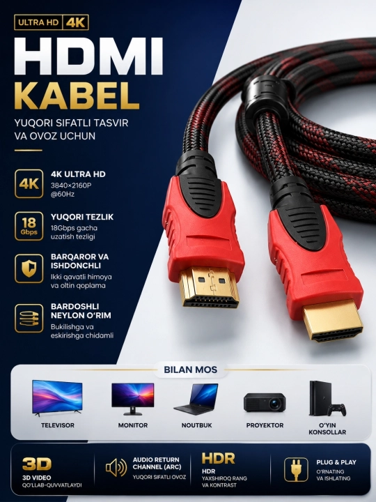 Monitor, televizor va kompyuter uchun HDMI Full HD kabeli, uzunligi 1,5 m dan 5 m gacha - 