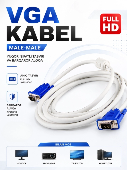 VGA kabeli, 1.5, 3, 5 metr, 1920*1080 gacha aniqlik darajasini qo‘llab quvvatlaydi - 