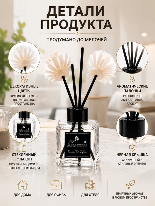 Аромадиффузор для дома Tacacaia с белыми цветами и палочками, Luxury ароматизатор, 50 мл