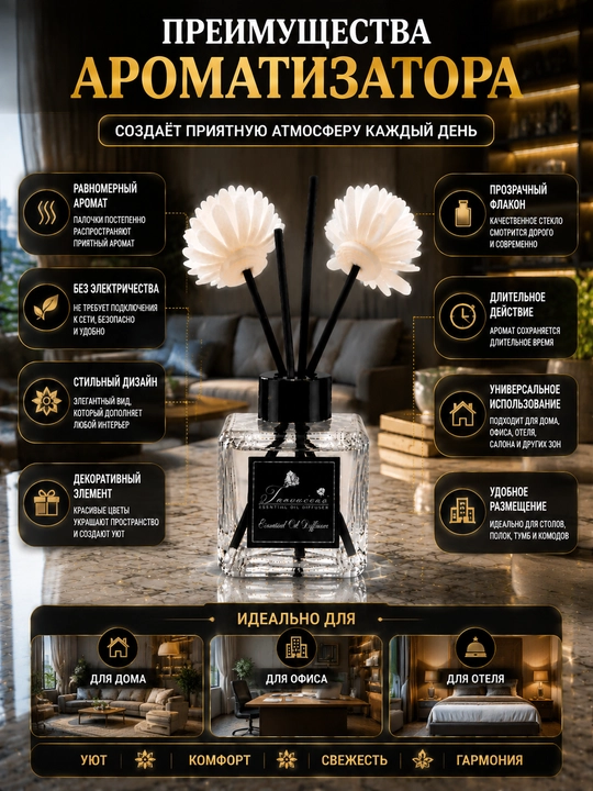 Аромадиффузор для дома Tacacaia с белыми цветами и палочками, Luxury ароматизатор, 50 мл