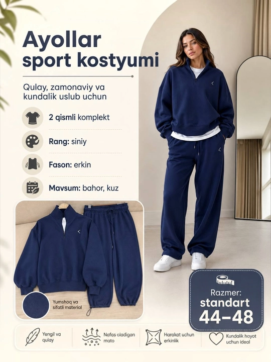 Erkin bichimli ayollar sport kostyumi, 44-48 o‘lcham