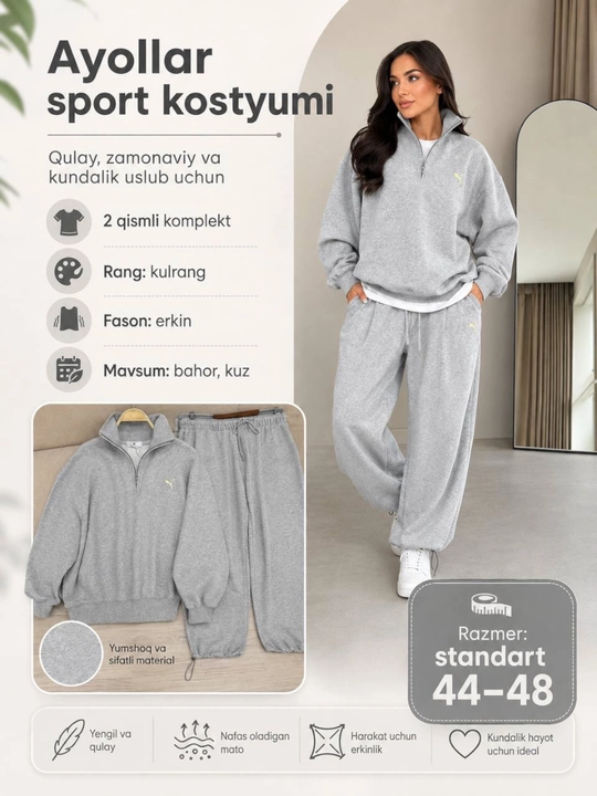 Erkin bichimli ayollar sport kostyumi, 44-48 o‘lcham