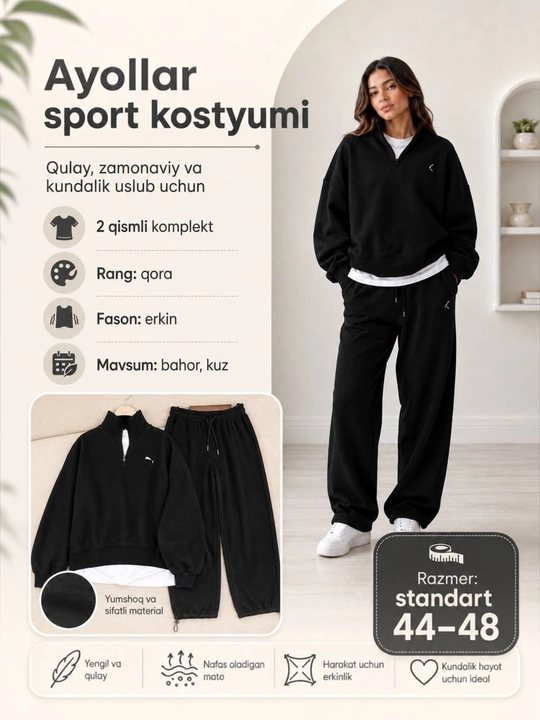 Erkin bichimli ayollar sport kostyumi, 44-48 o‘lcham