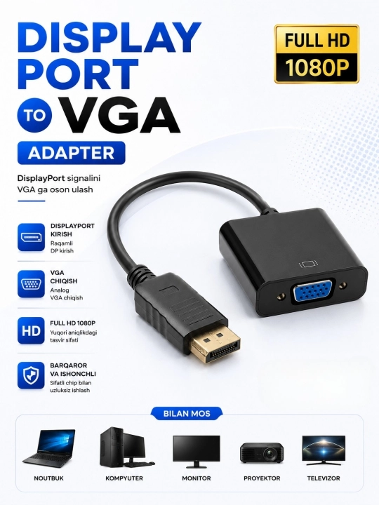 HDMI-VGA adapter, DisplayPort to VGA Adapter Full HD 1080P - 
