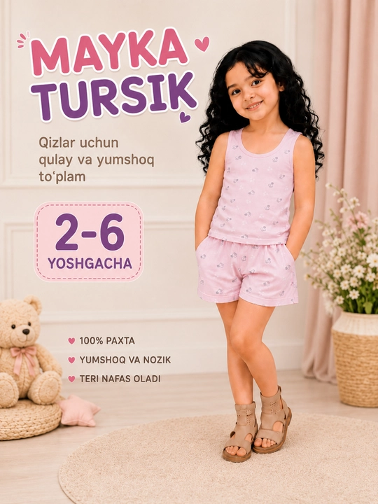 Qiz bolalar uchun mayka va trusik komplekt, paxtali ichki kiyim, yumshoq - 