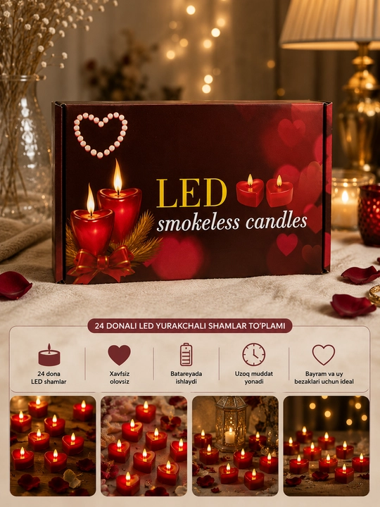 Olovsiz LED  romantik shamlar, yurak shaklidagi, qizil rangda