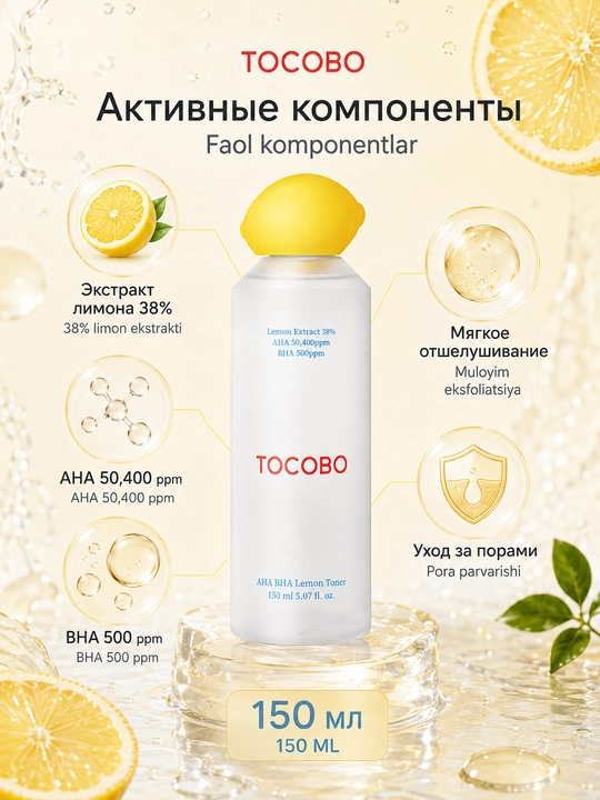 Tokobo AHA BHA limon ekstrakti bilan kislotali tonik-eksfolianti Lemon Toner