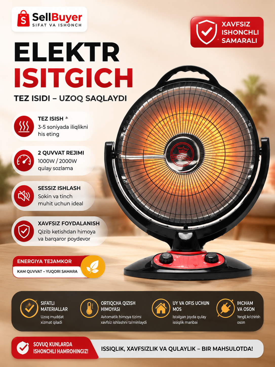 Infraqizil isitgich, elektr isitgich, uy isitkich, xona isitkich, GREAT CROWN, elektrechka - 