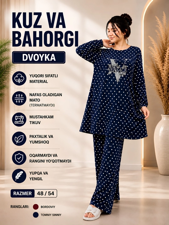 Ayollar uchun zamonaviy dvoyka uy kiyimi, uzun ko‘ylak-xalat, kuz va bahor uchun, XB mato - 
