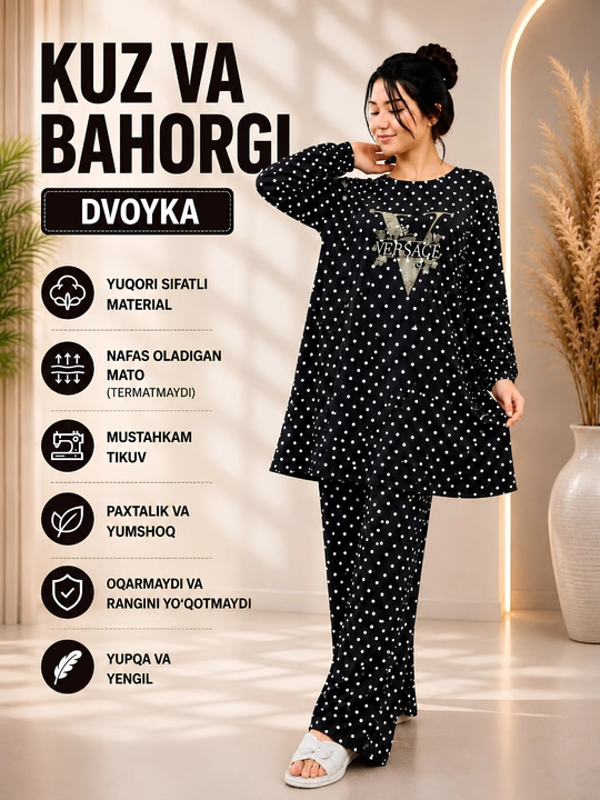 Ayollar uchun zamonaviy dvoyka uy kiyimi, uzun ko‘ylak-xalat, kuz va bahor uchun, XB mato - 