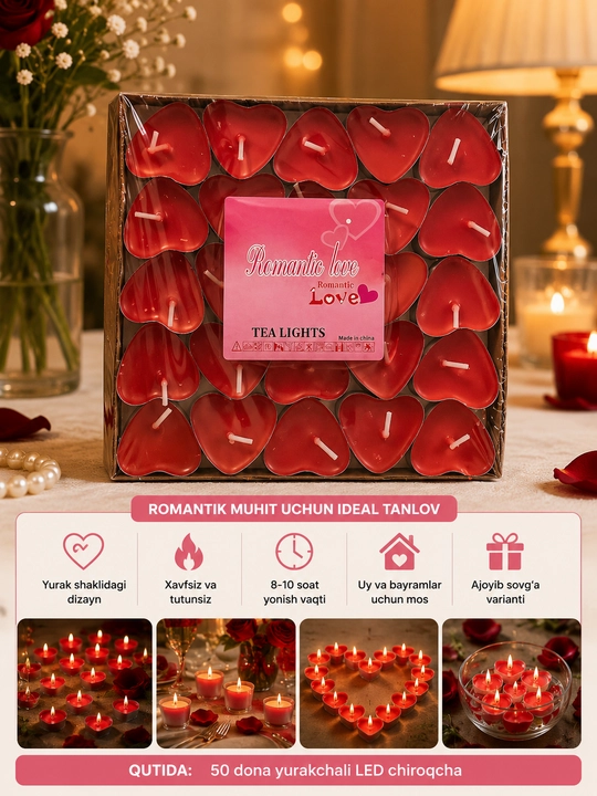 Olovsiz LED  romantik shamlar, yurak shaklidagi, qizil rangda