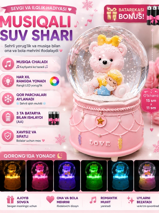 Музыкальный снежный шар stitch, ночник с подсветкой, декоративный светильник - 