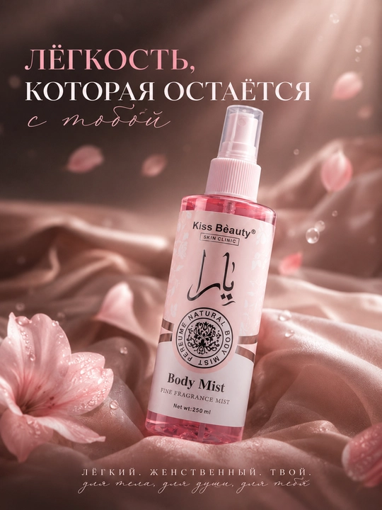 KissBeautyBodyMist 250ml-nozik ifor va tarovatga ega bo‘lgan tana uchun parfyumlangan mist