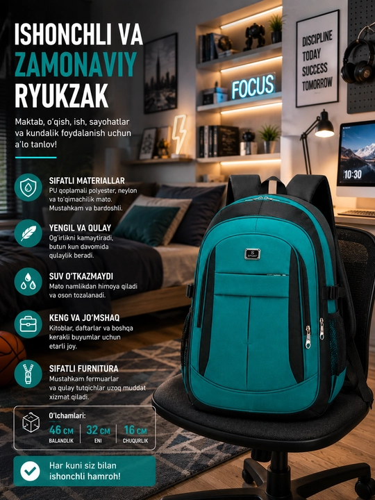 Erkaklar va o‘smirlar uchun katta hajmli ryukzak