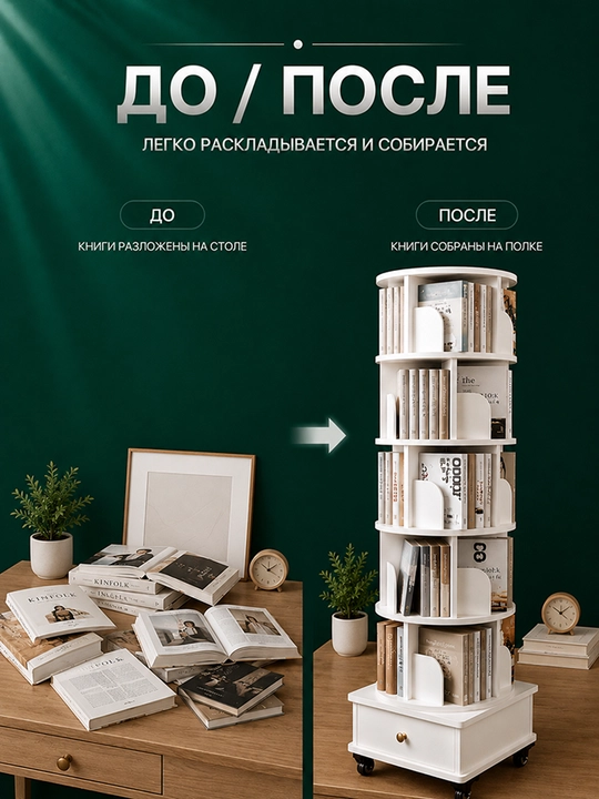 Вращающаяся полка для библиотеки, 5-этажная, полка для хранения книг на 360°