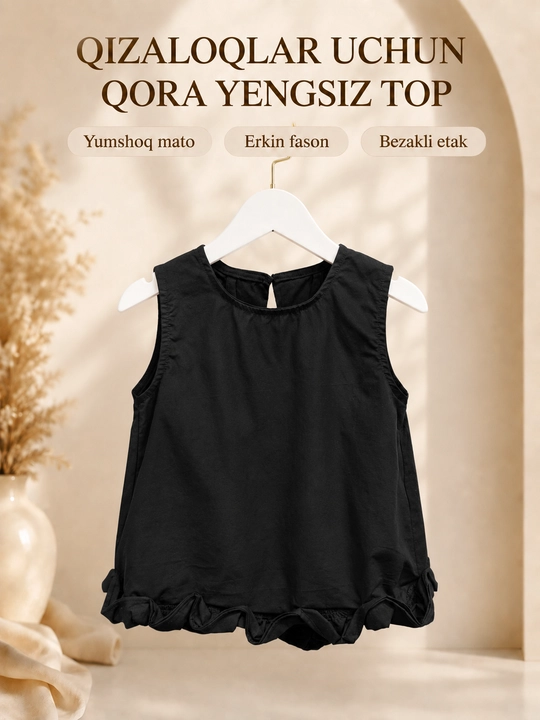 Qizlar uchun qora yengsiz paxta top, bezakli etakli - 