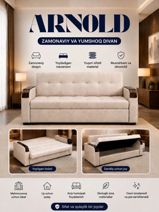 ARNOLD - yumshoq mebel, zamonaviy divan, yoyiladigan divan, mehmonxona divani, uy uchun - 
