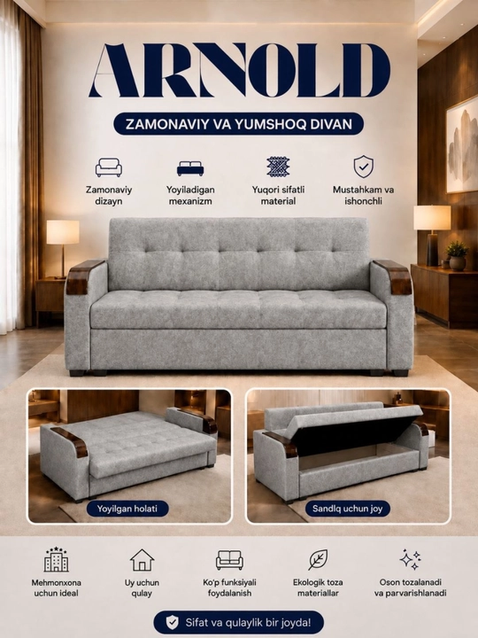 ARNOLD - yumshoq mebel, zamonaviy divan, yoyiladigan divan, mehmonxona divani, uy uchun - 