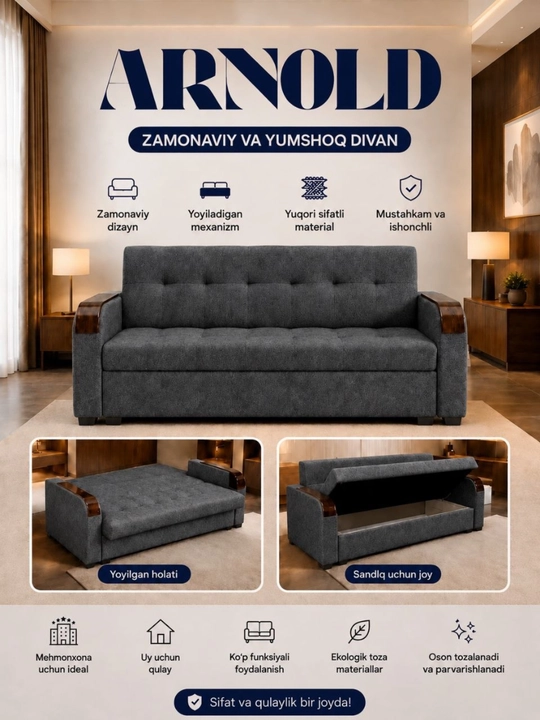 ARNOLD - yumshoq mebel, zamonaviy divan, yoyiladigan divan, mehmonxona divani, uy uchun - 