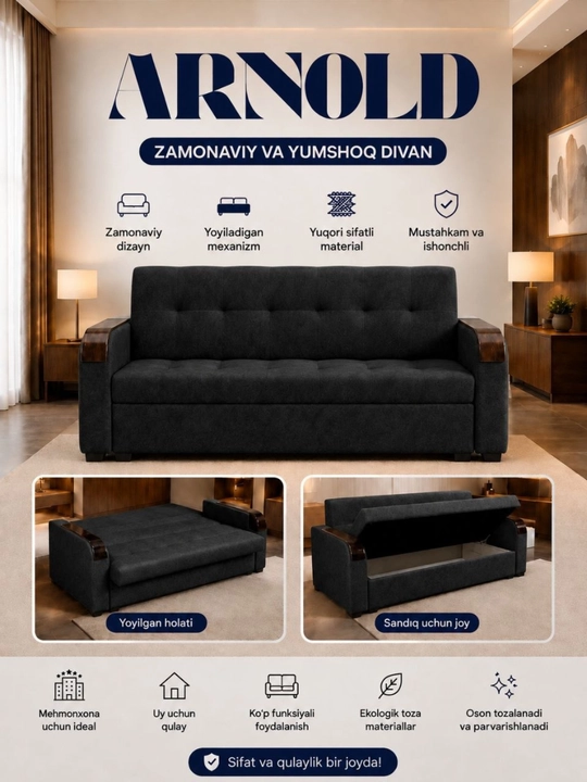 ARNOLD - yumshoq mebel, zamonaviy divan, yoyiladigan divan, mehmonxona divani, uy uchun - 