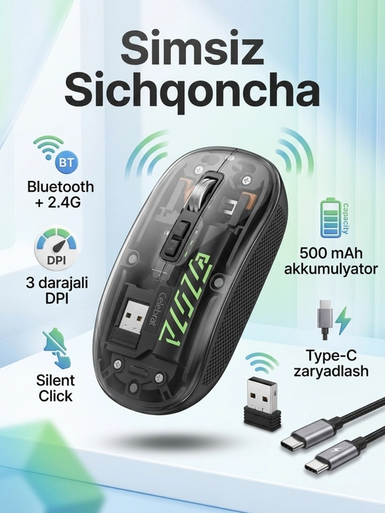 Simsiz sichqoncha Bluetooth 2.4G Silent Click, Type-C, 500 mAh, kompyuter uchun - 