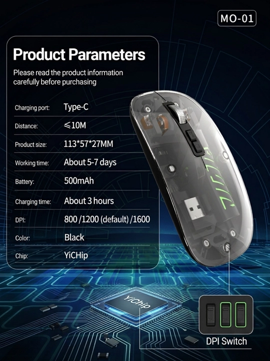 Simsiz sichqoncha Bluetooth 2.4G Silent Click, Type-C, 500 mAh, kompyuter uchun