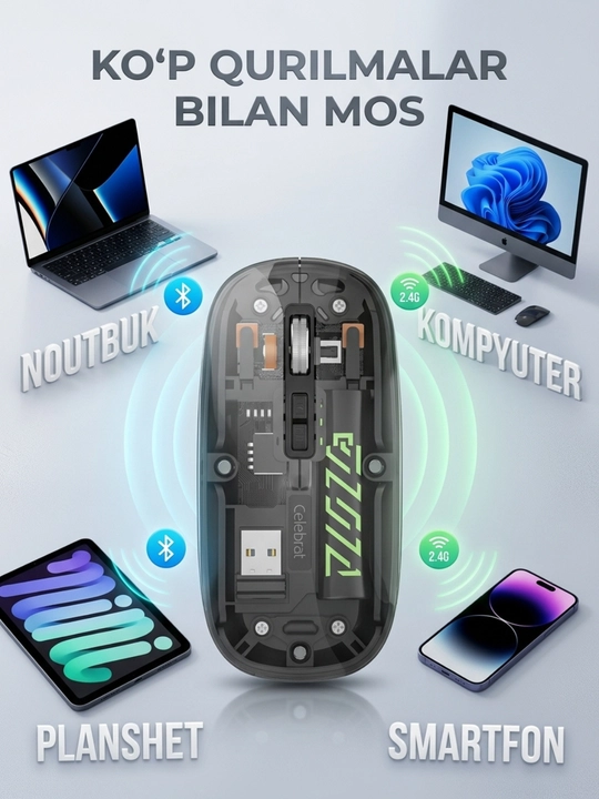 Simsiz sichqoncha Bluetooth 2.4G Silent Click, Type-C, 500 mAh, kompyuter uchun