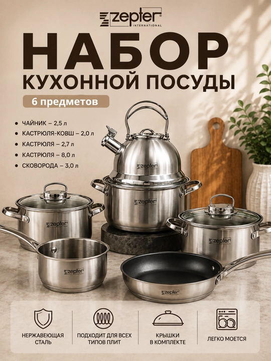 Набор кухонной посуды, 6 предметов, кастрюли, cковорода, чайник - 