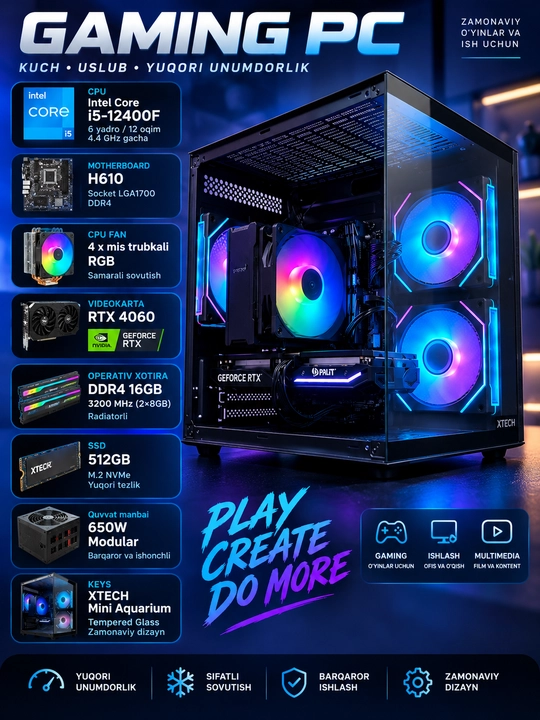Игровой ПК, i5-12400F, RTX 4060 8GB, 16GB DDR4, SSD 512GB - 