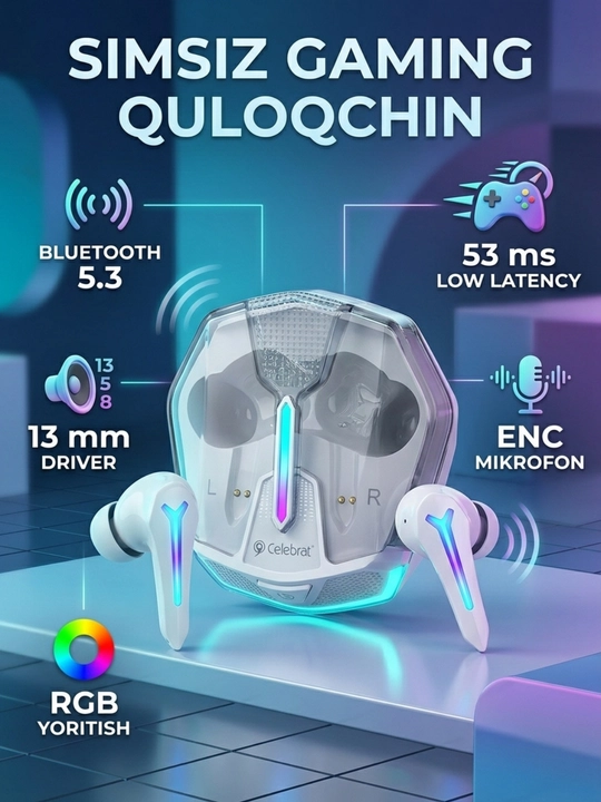 Беспроводные наушники Bluetooth 5.3 TWS Gaming 53мс ENC RGB, 13мм