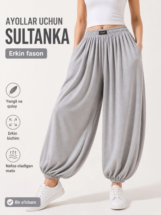 Ayollar uchun sultanka shim, keng fasonli harem shim, elastik belli kundalik shim - 