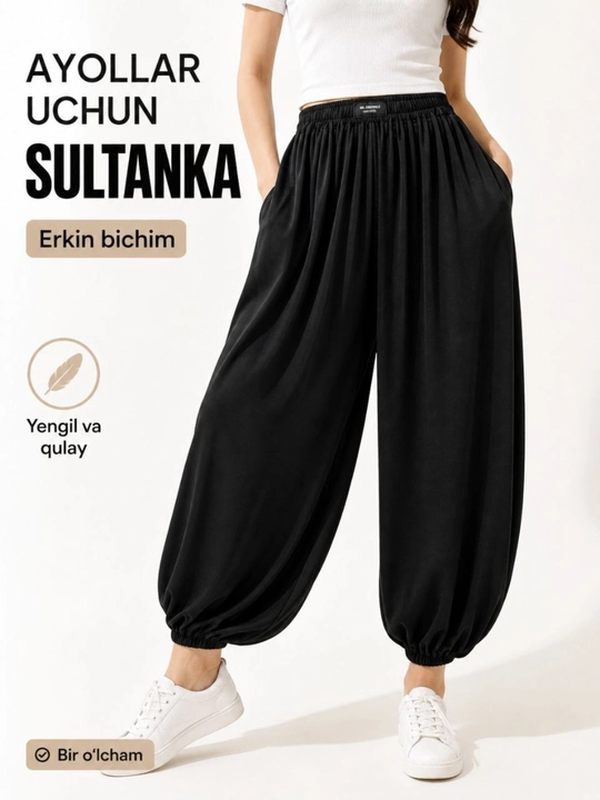 Ayollar uchun sultanka shim, keng fasonli harem shim, elastik belli kundalik shim - 