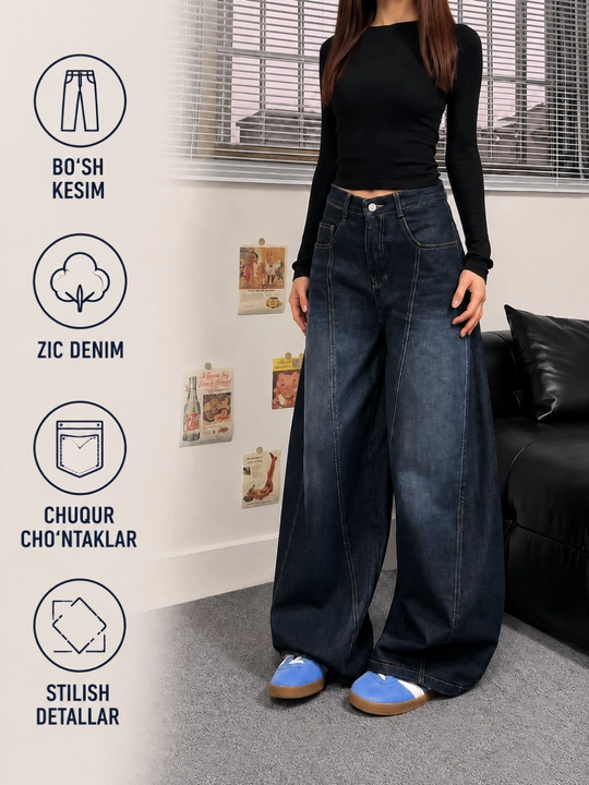 Ayollar Baggy Oversize Y2K jinsi shimlari baland bel, keng to‘g‘ri kesim, Streetwear Casual