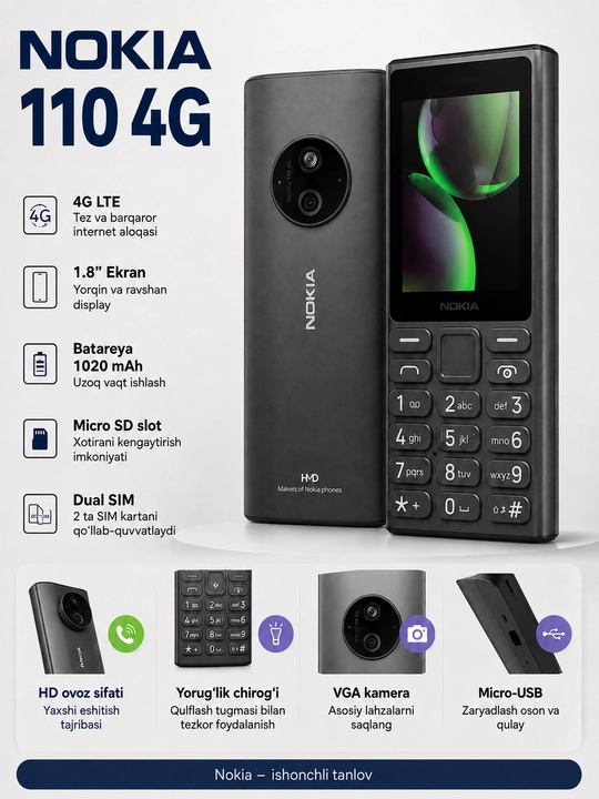Nokia 110 — tugmali telefon, 4G LTE, 2 SIM, kamera, MicroSD, rangli ekran, 1020 mAh - 
